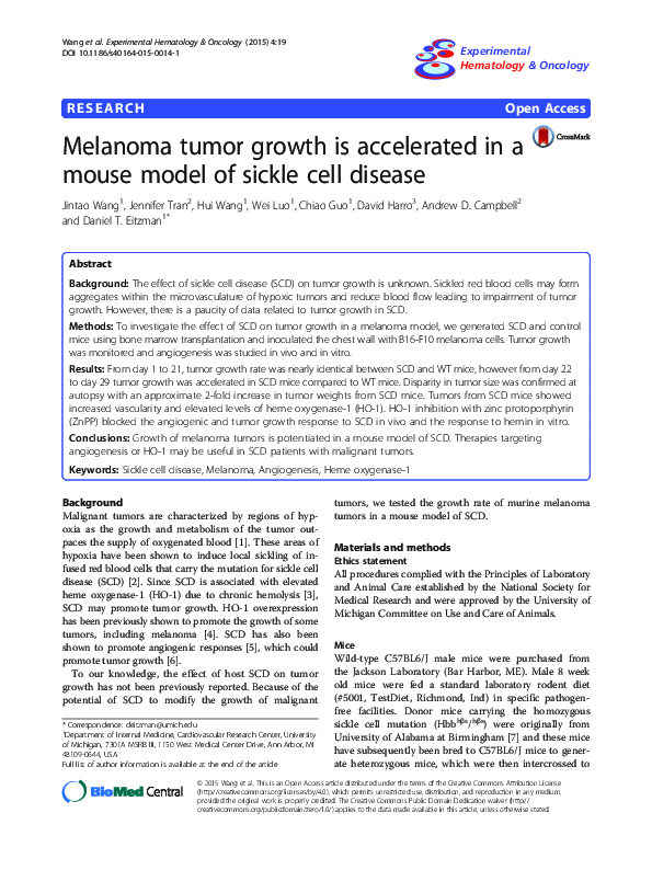 (PDF) Melanoma tumor growth is accelerated in a mouse model of sickle ...