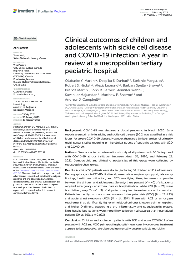 (PDF) Clinical outcomes of children and adolescents with sickle cell ...