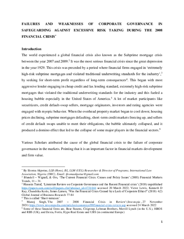 (PDF) FAILURES AND WEAKNESSES OF CORPORATE GOVERNANCE INSAFEGUARDING ...