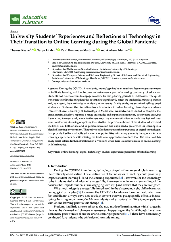 (PDF) University Students’ Experiences and Reflections of Technology in ...