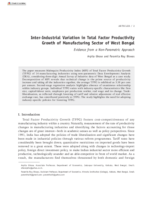 (PDF) Inter-Industrial Variation in Total Factor Productivity Growth of ...