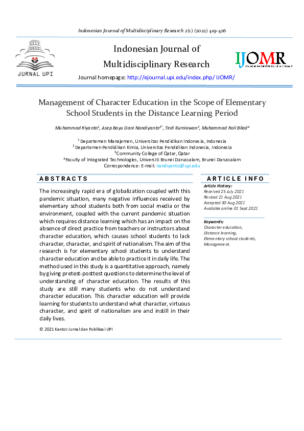 (PDF) Management of Character Education in the Scope of Elementary ...