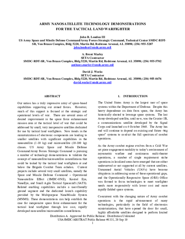 (PDF) Army Nanosatellite Technology Demonstrations for the Tactical ...