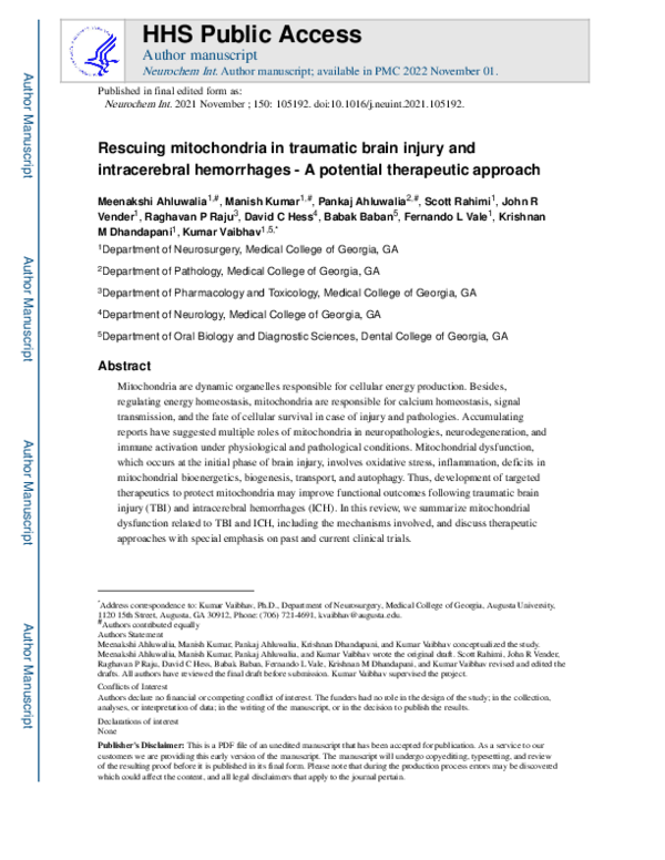 (PDF) Rescuing mitochondria in traumatic brain injury and intracerebral ...