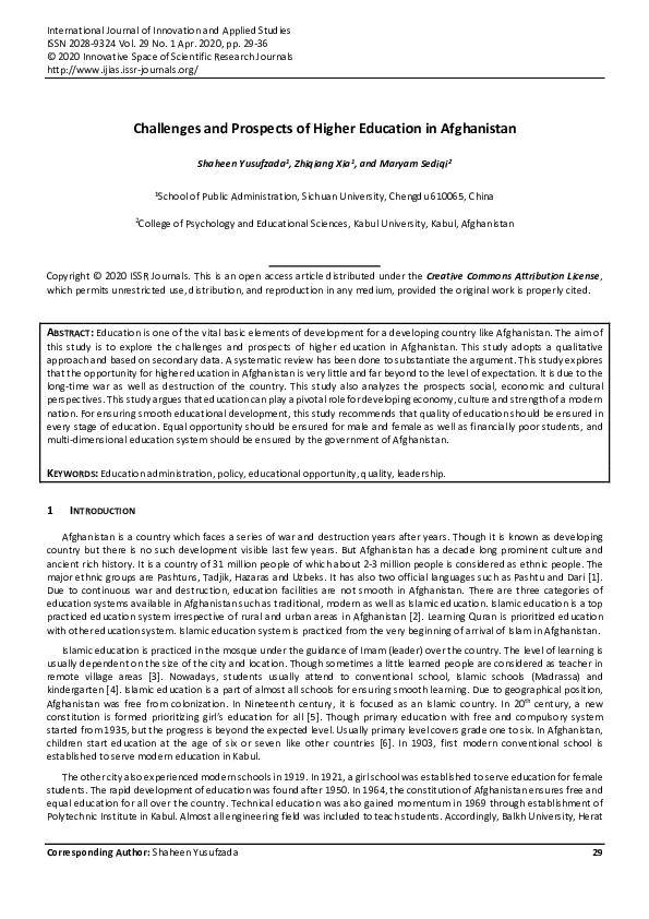 (PDF) Challenges and Prospects of Higher Education in Afghanistan