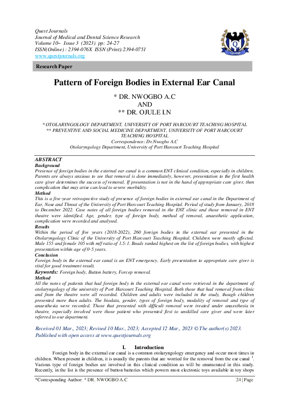 (PDF) Pattern of Foreign Bodies in External Ear Canal