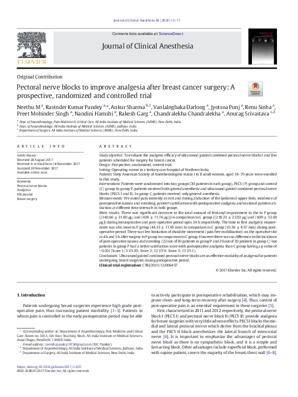 (PDF) Pectoral nerve blocks to improve analgesia after breast cancer ...