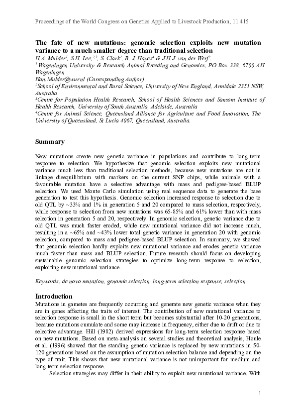 (PDF) The fate of new mutations: genomic selection exploits new ...