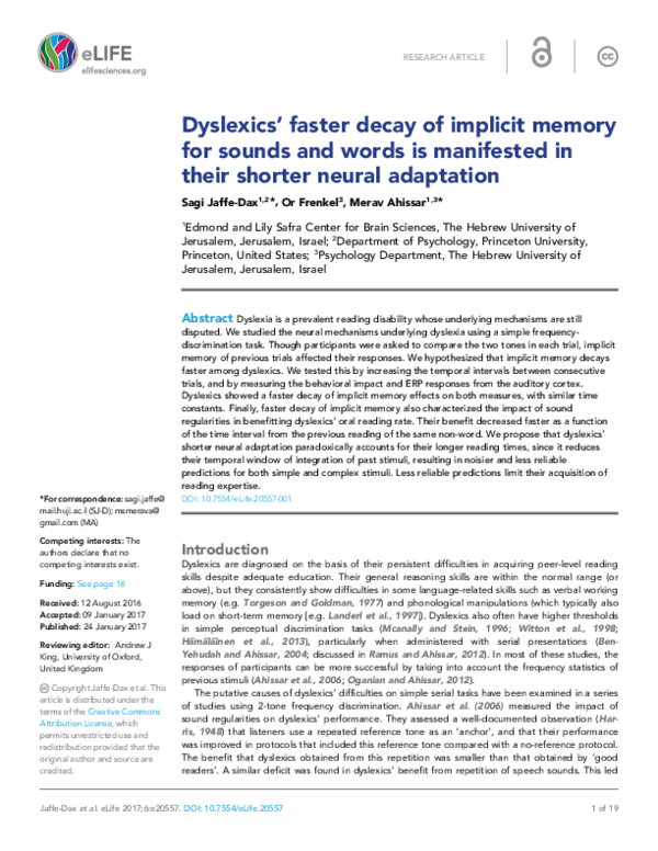 (PDF) Dyslexics' faster decay of implicit memory for sounds and words ...