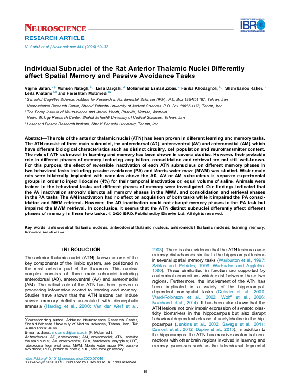 (PDF) Individual Subnuclei of the Rat Anterior Thalamic Nuclei ...