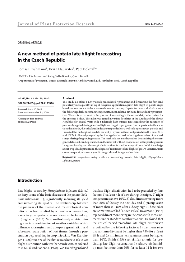 (PDF) A new method of potato late blight forecasting in the Czech Republic