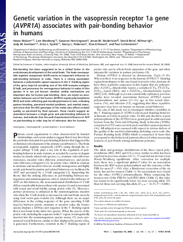 (PDF) Genetic variation in the vasopressin receptor 1a gene ( AVPR1A ...