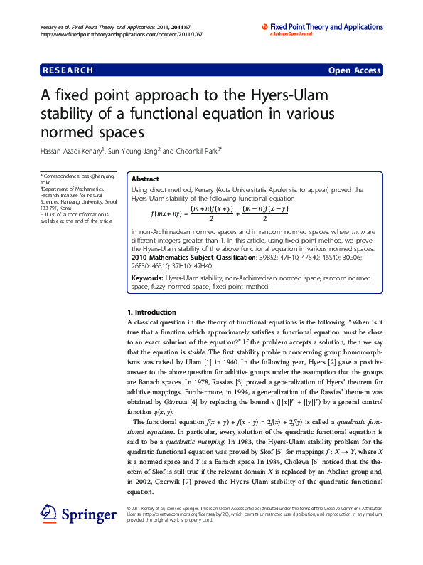 (PDF) A fixed point approach to the hyers-ulam stability of a ...