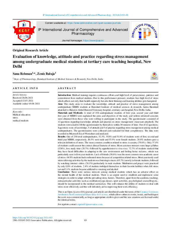 (PDF) Evaluation of knowledge, attitude and practice regarding stress ...