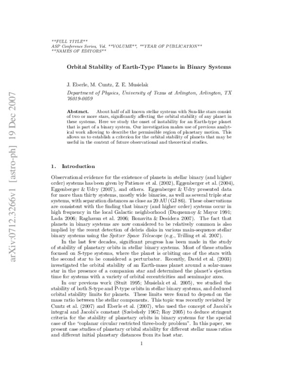 (PDF) Orbital Stability of Earth-Type Planets in Binary Systems