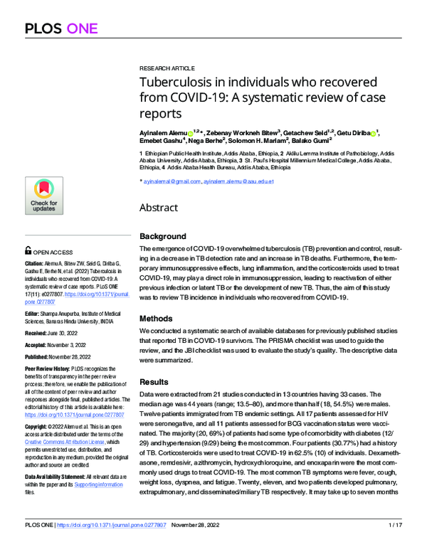(PDF) Tuberculosis in individuals who recovered from COVID19 A