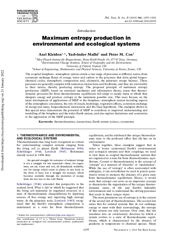 (PDF) Maximum entropy production in environmental and ecological systems