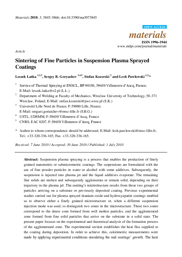 (PDF) Sintering of Fine Particles in Suspension Plasma Sprayed Coatings - Fine Ausp Aberance Coating