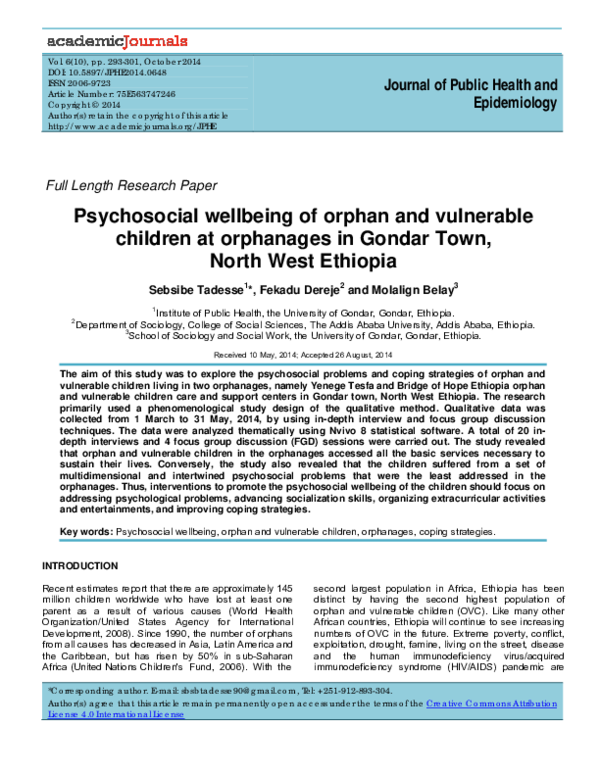 (PDF) Psychosocial wellbeing of orphan and vulnerable children at ...