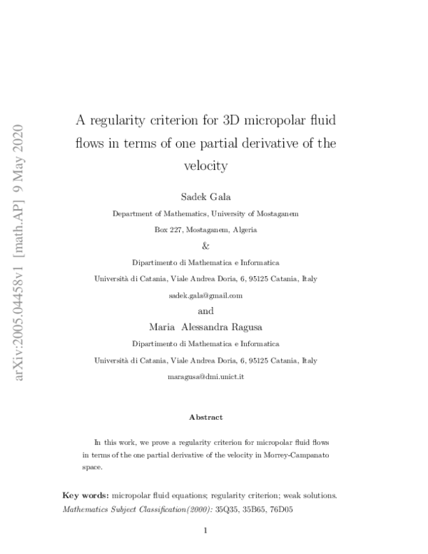 (PDF) A regularity criterion for 3D micropolar fluid flows in terms of ...