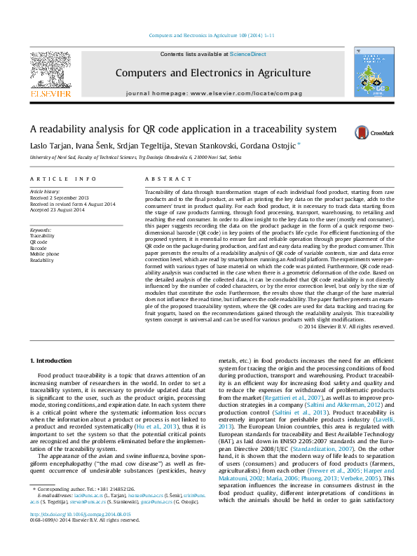 (PDF) A readability analysis for QR code application in a traceability ...