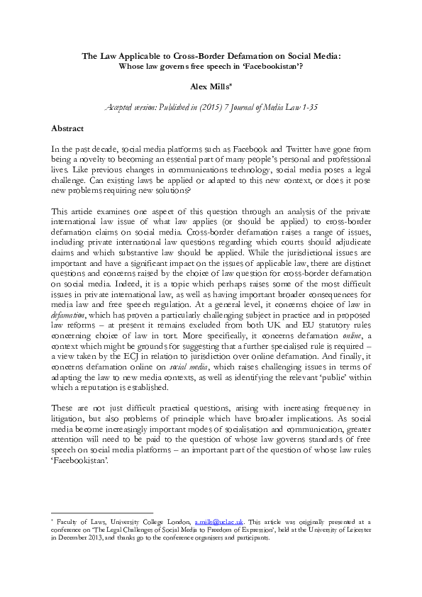 (PDF) The law applicable to cross-border defamation on social media ...