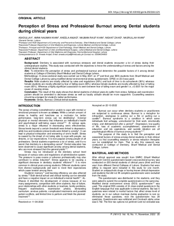 (PDF) Perception of Stress and Professional Burnout among Dental ...