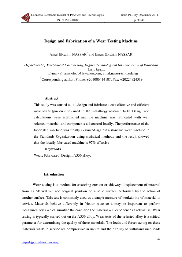 (PDF) Design and Fabrication of wear Testing Machine Koteswaran