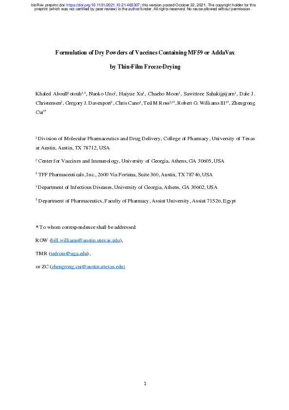 (PDF) Formulation of Dry Powders of Vaccines Containing MF59 or AddaVax ...