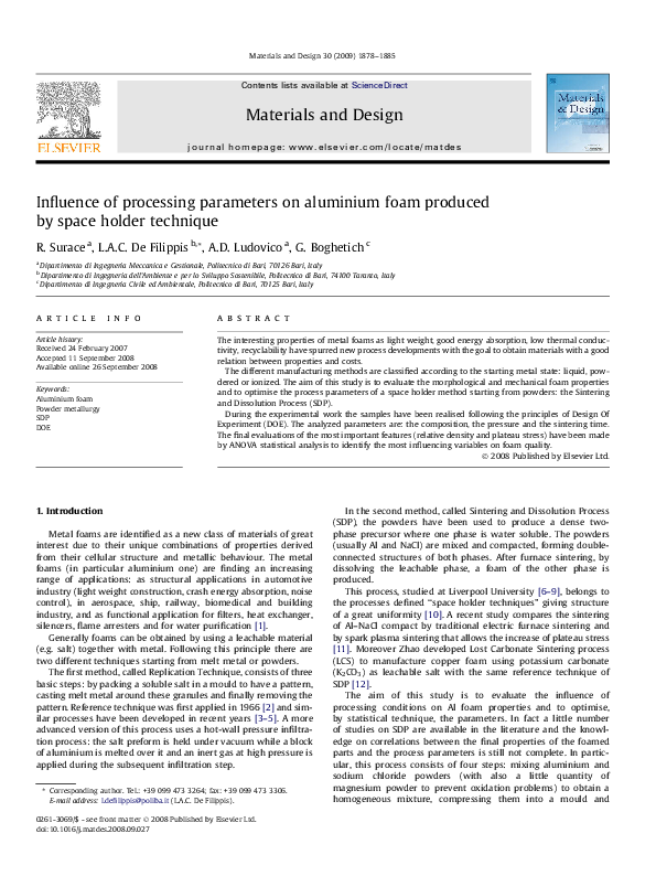 (PDF) Influence of processing parameters on aluminium foam produced by ...