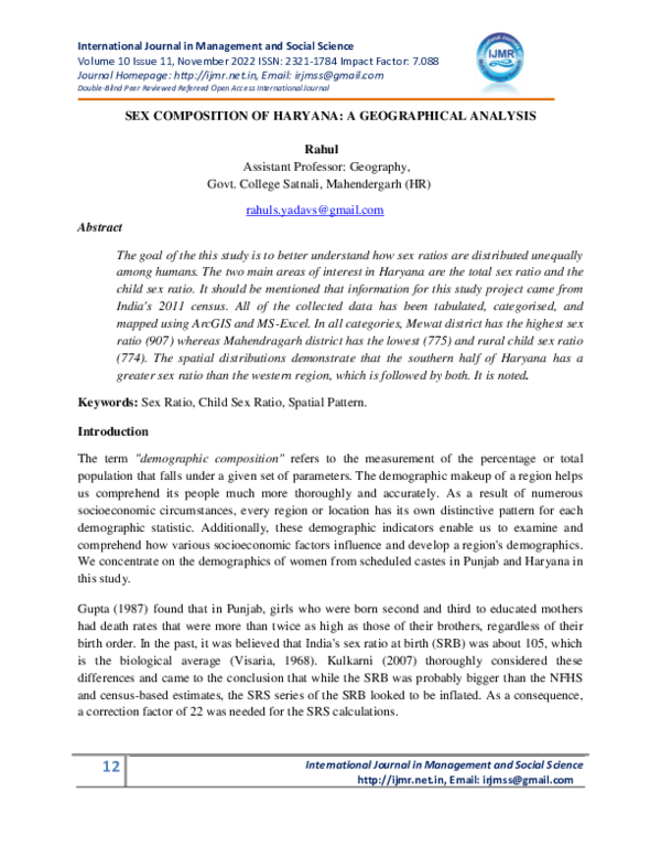(PDF) SEX COMPOSITION OF HARYANA A GEOGRAPHICAL ANALYSIS Journal