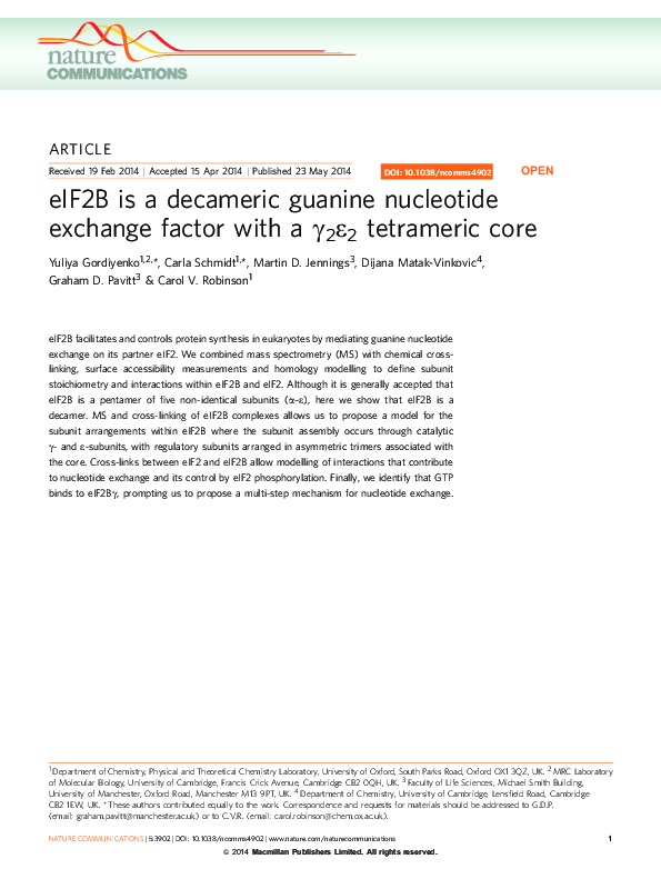 (PDF) eIF2B is a decameric guanine nucleotide exchange factor with a ...