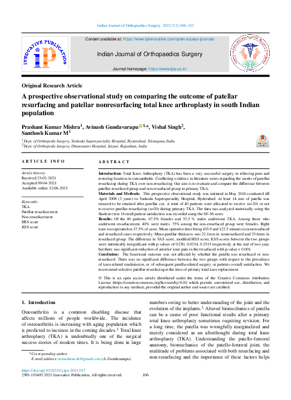 (PDF) A Prospective Comparative Study Between Patellar Resurfacing and ...