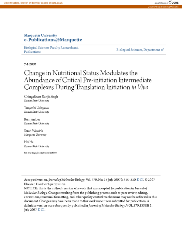 (PDF) Change in Nutritional Status Modulates the Abundance of Critical ...