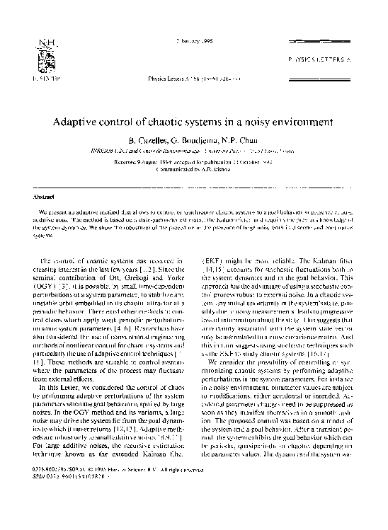 (PDF) Adaptive control of chaotic systems in a noisy environment
