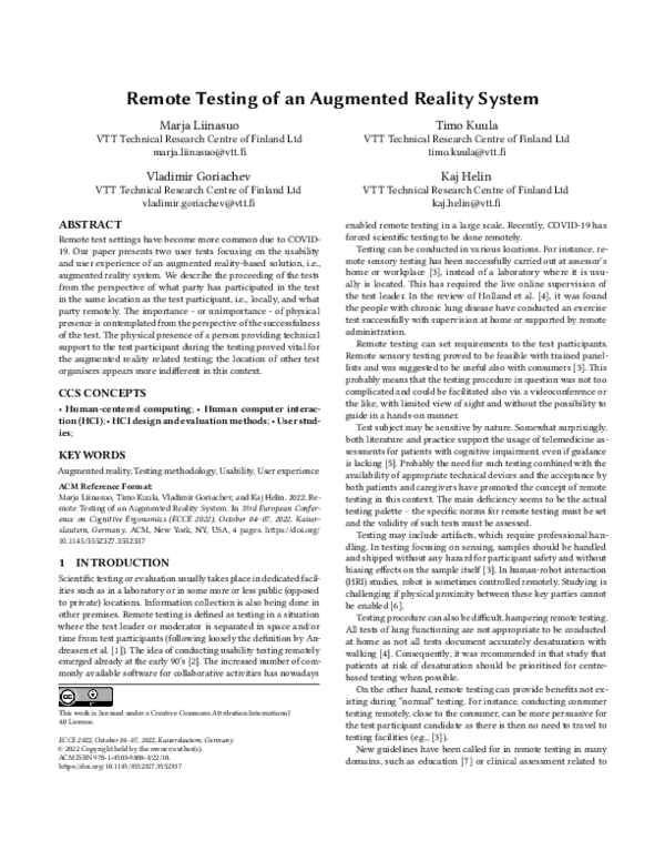 (PDF) Remote Testing of an Augmented Reality System