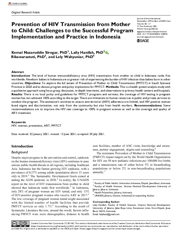 (PDF) Prevention of HIV Transmission from Mother to Child: Challenges ...