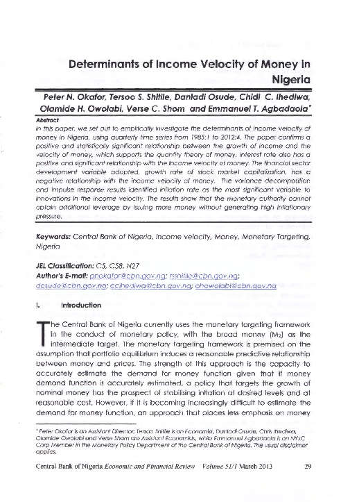 (PDF) Determinants of income velocity of money in Nigeria