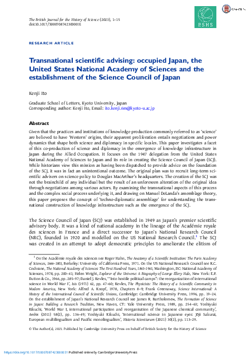 (PDF) Transnational scientific advising: occupied Japan, the United ...