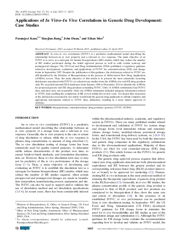 (PDF) Applications of In Vitro-In Vivo Correlations in Generic Drug ...