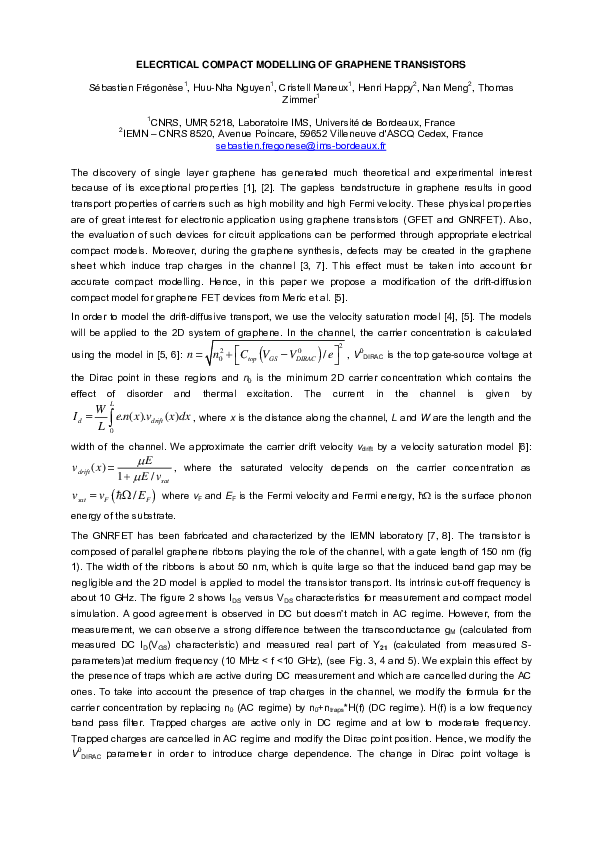 (PDF) Electrical compact modelling of graphene transistors