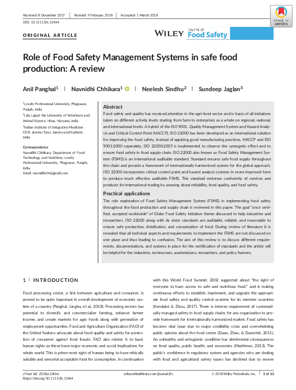 (PDF) Role of Food Safety Management Systems in safe food production A