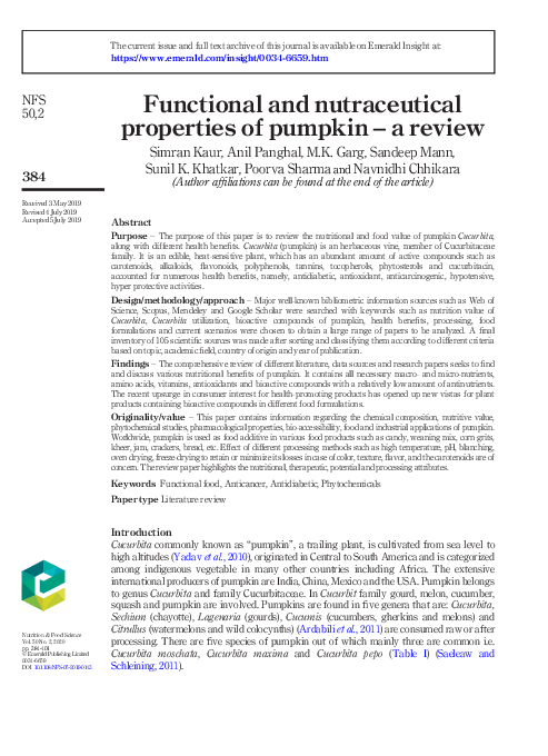 (PDF) Functional and nutraceutical properties of pumpkin – a review