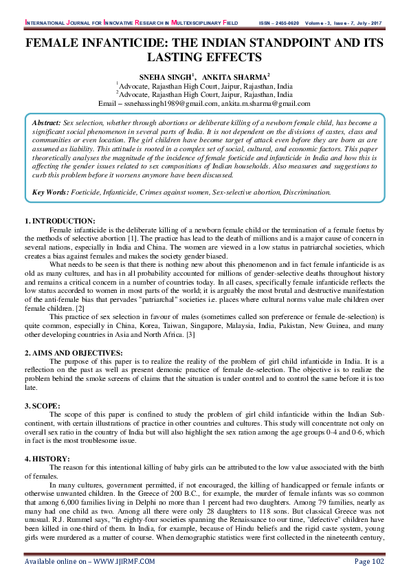(PDF) Female Infanticide: The Indian Standpoint and Its Lasting Effects