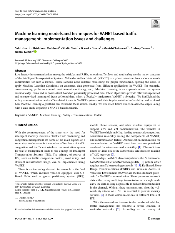 (PDF) Machine learning models and techniques for VANET based traffic ...