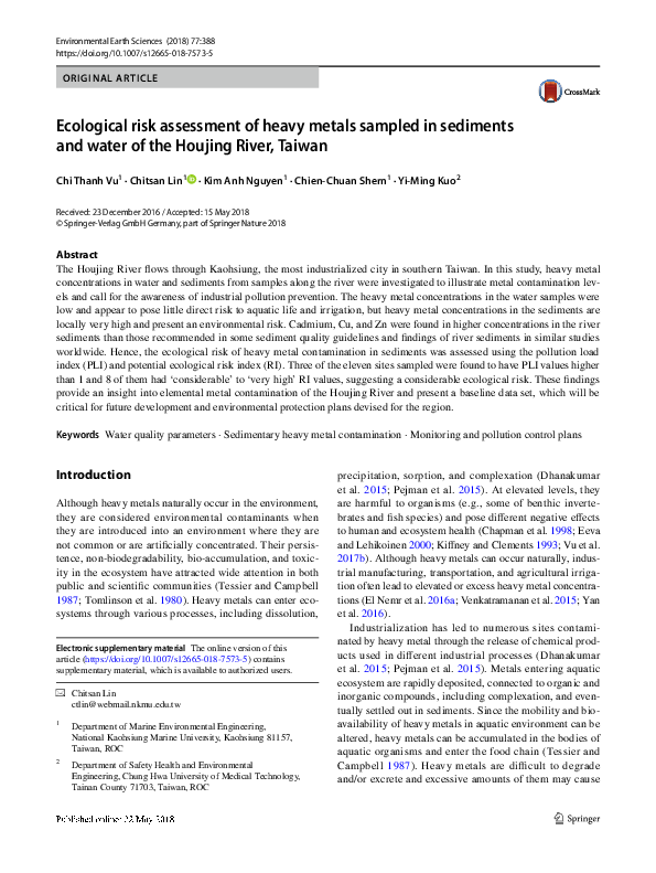 (PDF) Ecological risk assessment of heavy metals sampled in sediments ...