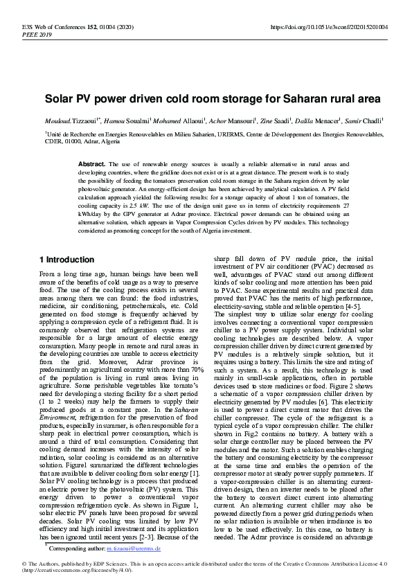 (PDF) Solar PV power driven cold room storage for Saharan rural area