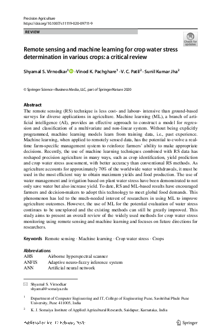 (PDF) Remote sensing and machine learning for crop water stress ...