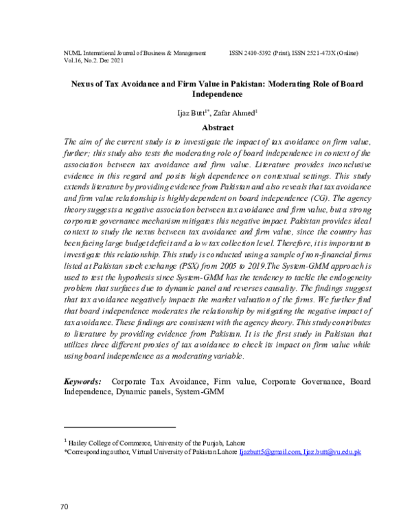 (PDF) Nexus of Tax Avoidance and Firm Value in Pakistan: Moderating ...