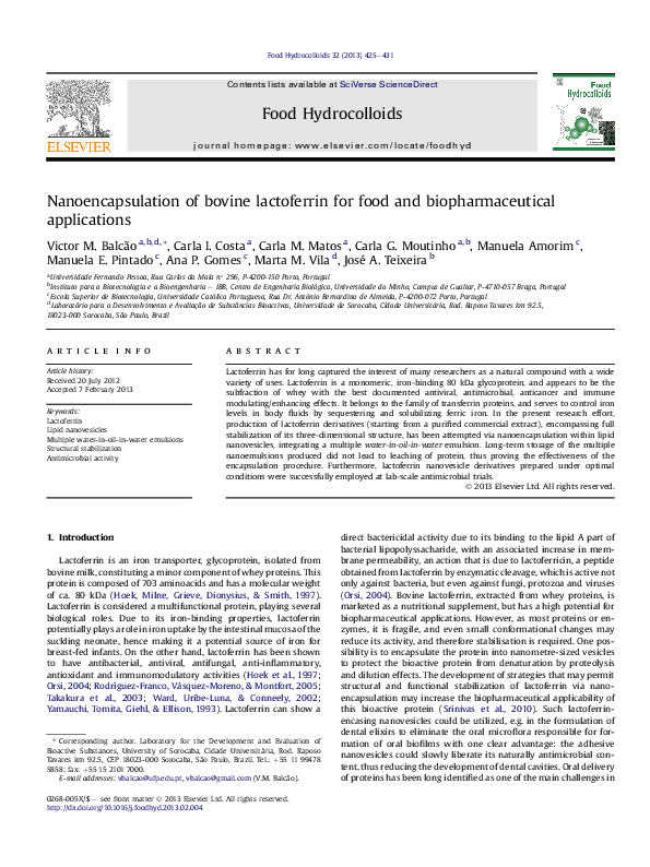(PDF) Nanoencapsulation of bovine lactoferrin for food and ...